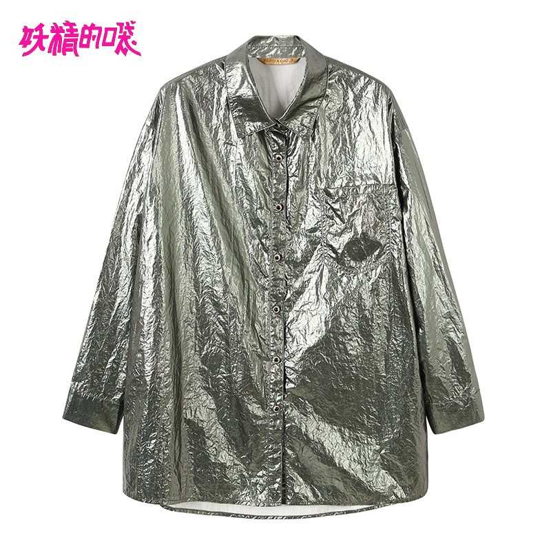 妖精的口袋Y时尚长袖衬衫女秋装2018新款宽松上衣欧货中长款衬衣Q_1 S 灰绿季风色