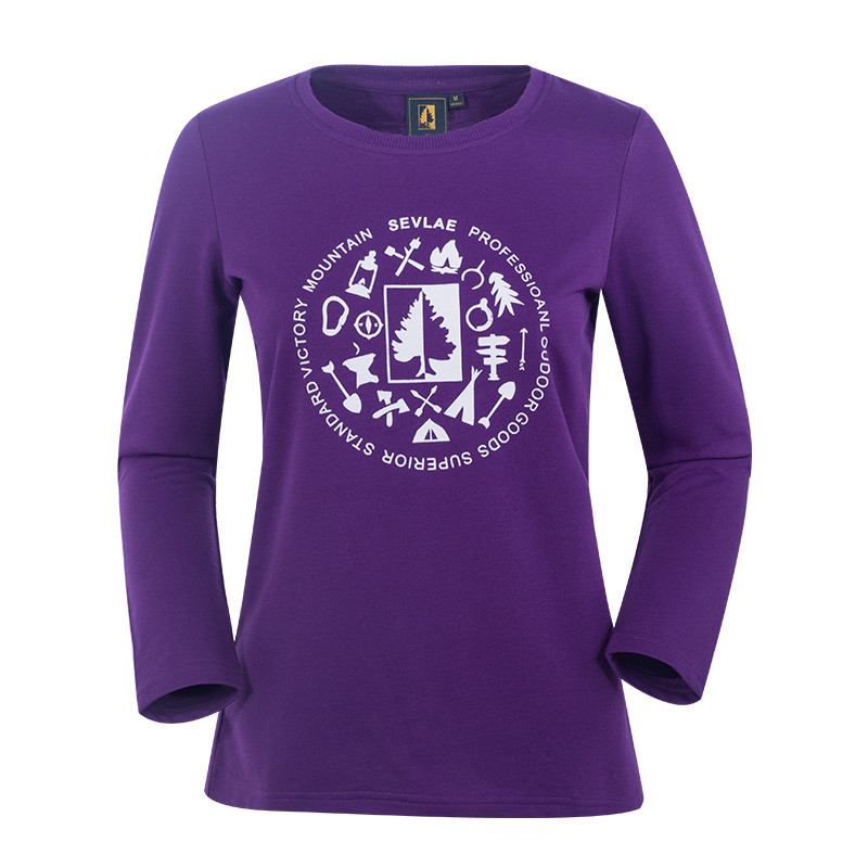 圣弗莱女式圆领长袖T恤秋季透气舒适打底衫印花上衣9532846444 紫色 3XL