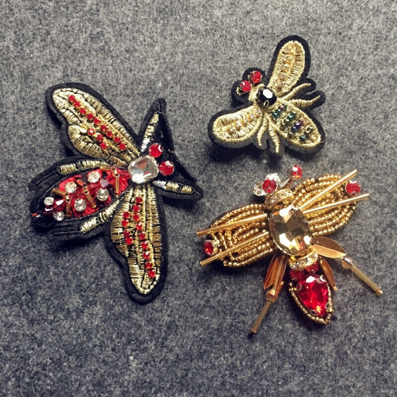 重工钉珠蜜蜂刺绣布贴小昆虫蝴蝶装饰品制作胸针材料衣服diy辅料