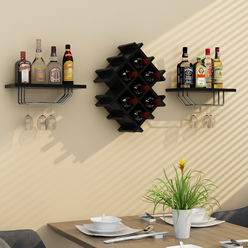 创意墙上酒柜餐厅红酒架墙上置物架实木壁挂酒架现代简约挂墙酒柜_12 大气黑色A套餐