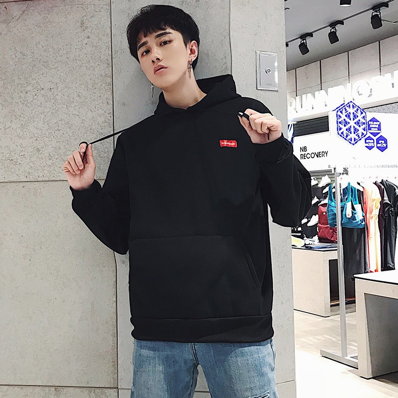 伊则新款连帽原创潮牌原宿刺绣宽松套头男生纯色卫衣黑色班服WY19 2XL 黑色