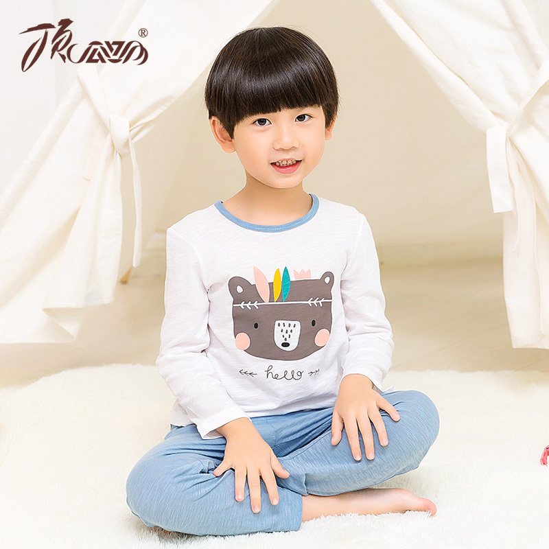 儿童睡衣春夏顶瓜瓜顶呱呱男童女童纯棉长袖卡通薄款家居服套装 90cm 印第安熊白色