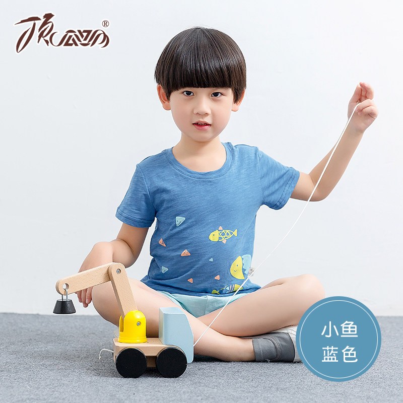 儿童短袖睡衣套装女童可爱公主家居服男童卡通印花空服夏季薄款_6 130cm 小鱼蓝