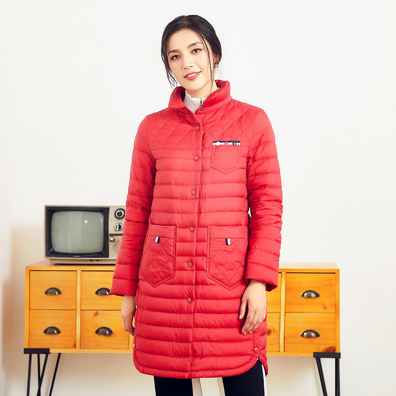 千仞岗2018新品纯色中长款羽绒服女轻薄时尚立领韩版冬外套229030 175/XL 经典红88105