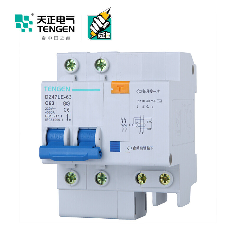 天正电气 DZ47LE-63 2P 30mA 热磁式 230VAC 01070020460微型漏电保护断路器