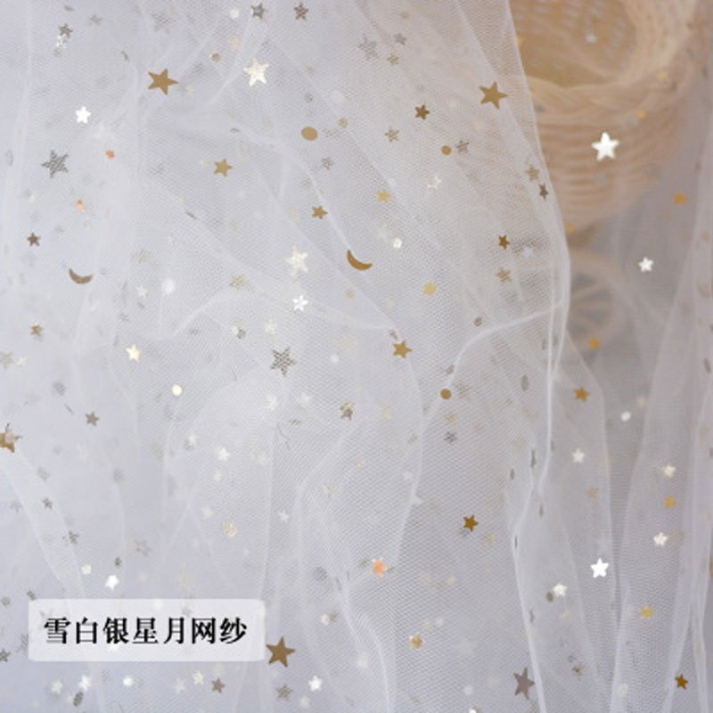 趣涉家居网纱星星纱蕾丝网纱布料拍照道具头纱亮片布美甲饰品背景布创意简约家居家用缝纫布带 雪白色银星月网纱