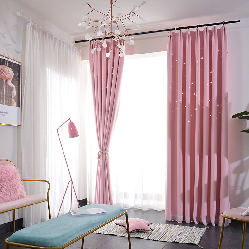 定制窗帘韩式双层遮光镂空星星公主风粉色窗帘卧室客厅窗帘成品_15_2 2X2.7(改短) 粉红色
