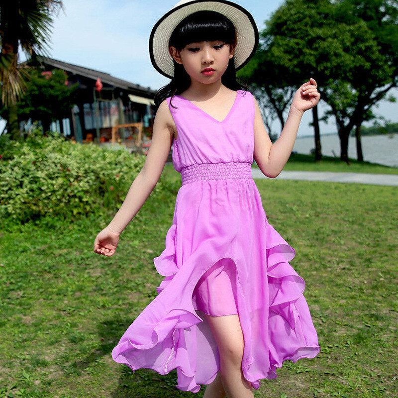 女童连衣裙夏装中大童女童装儿童雪纺公主12至15岁沙滩裙 120cm 紫罗兰
