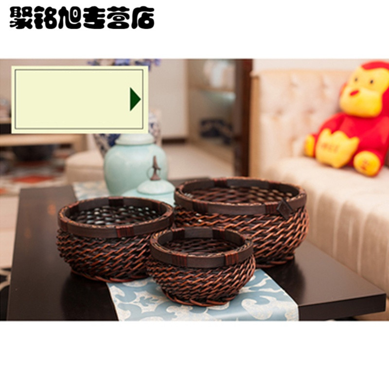 藤编收纳筐内衣储物篮摆件竹编圆形水果柳编篮厨房零食编织篮柳编生活日用家居家庭收纳清洁整理用_7 仿古色中号口25高12