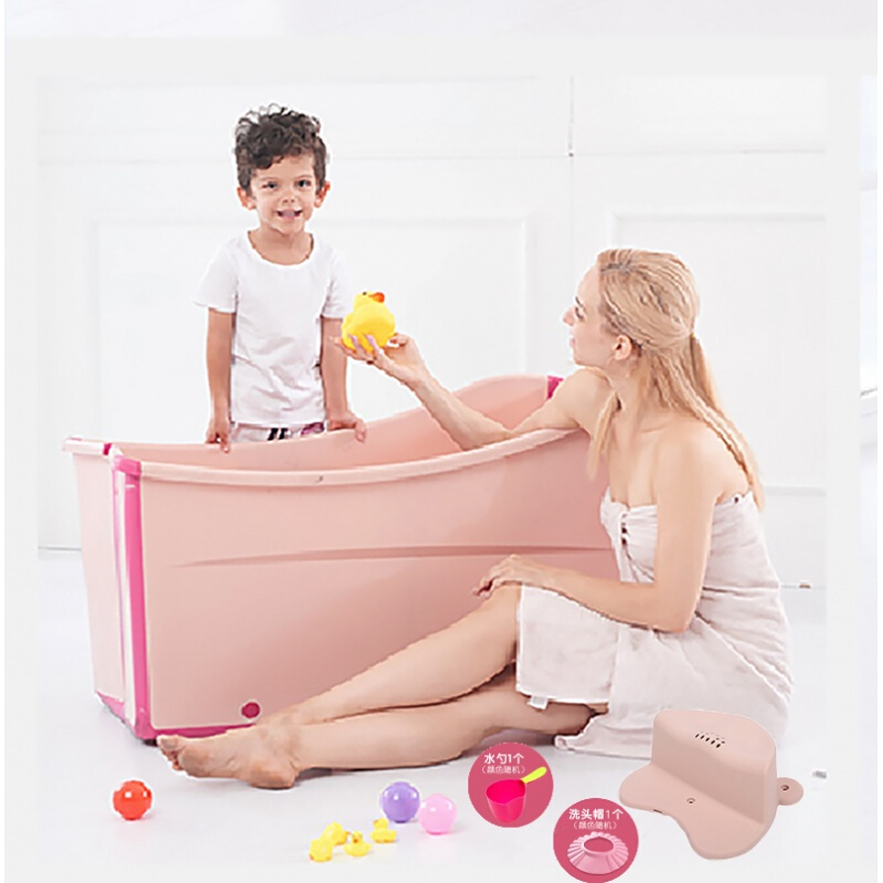 儿童浴桶折叠加大浴盆可折叠坐躺宝宝游泳泡澡桶双人沐浴保温 粉