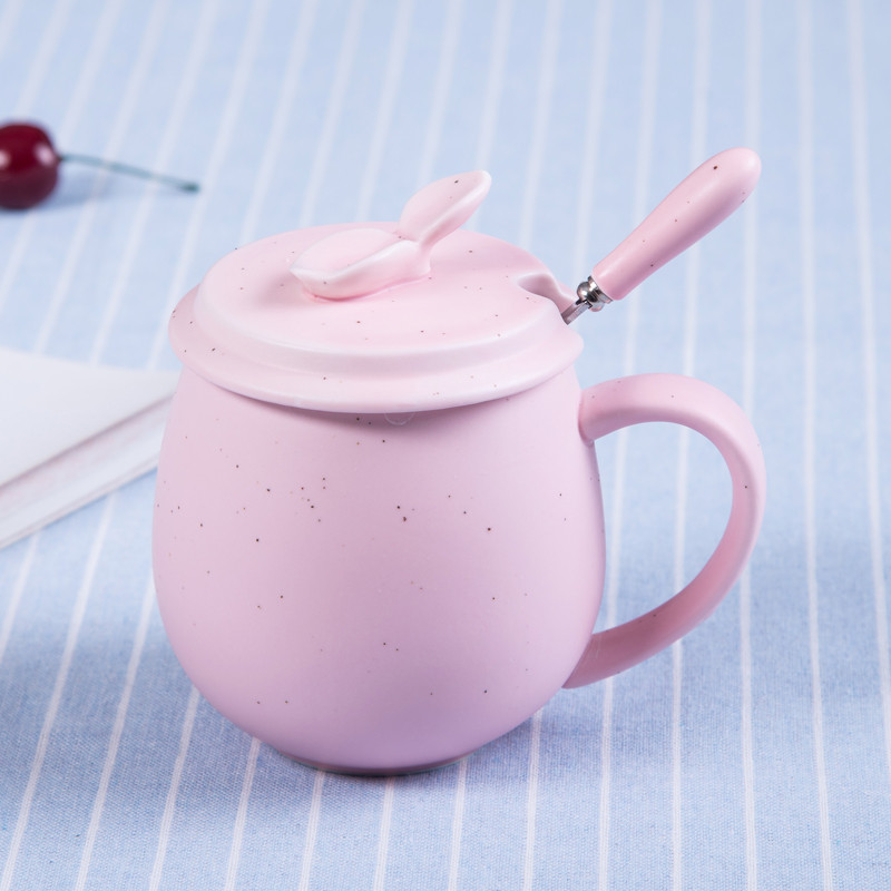 杯子大肚陶瓷杯早餐牛奶杯水杯咖啡杯马克杯带盖带勺情侣杯生日_1 粉色瓷盖配勺