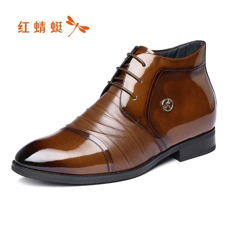 红蜻蜓男棉鞋2018秋冬新款商务正装高帮皮鞋男英伦真皮加绒短靴子 黄棕色 38码