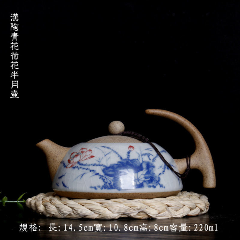 铭道尚品青花陶半月壶陶瓷大号码荷趣茶壶青花瓷单壶手工创意壶【SD24】 荷趣半月壶 默认颜色