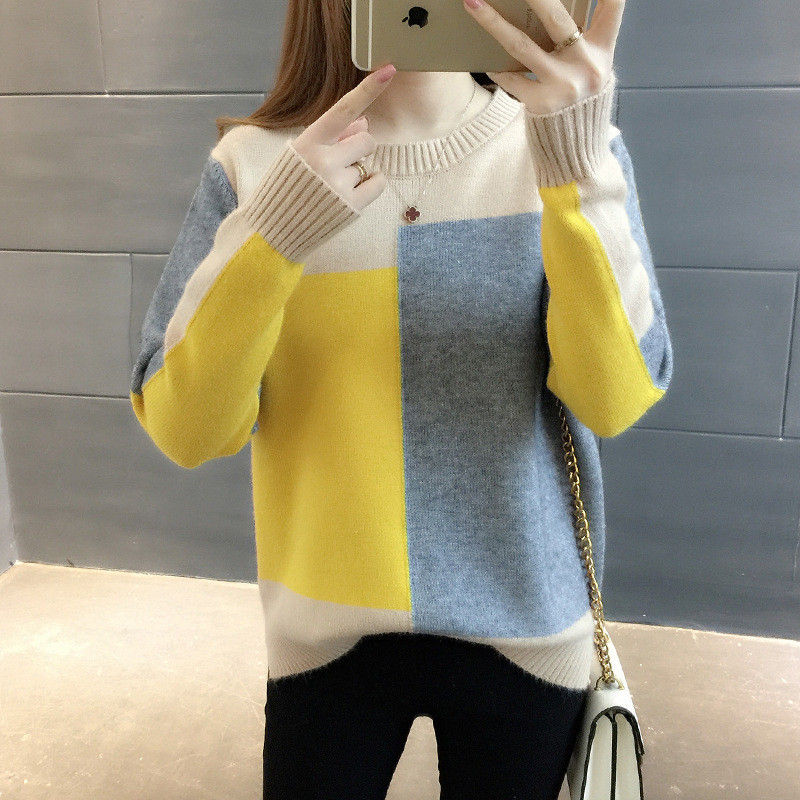 网红套头毛衣女宽松2018早秋装新款韩版拼色长袖针织打底衫上衣服1539157936438 S 浅咖色