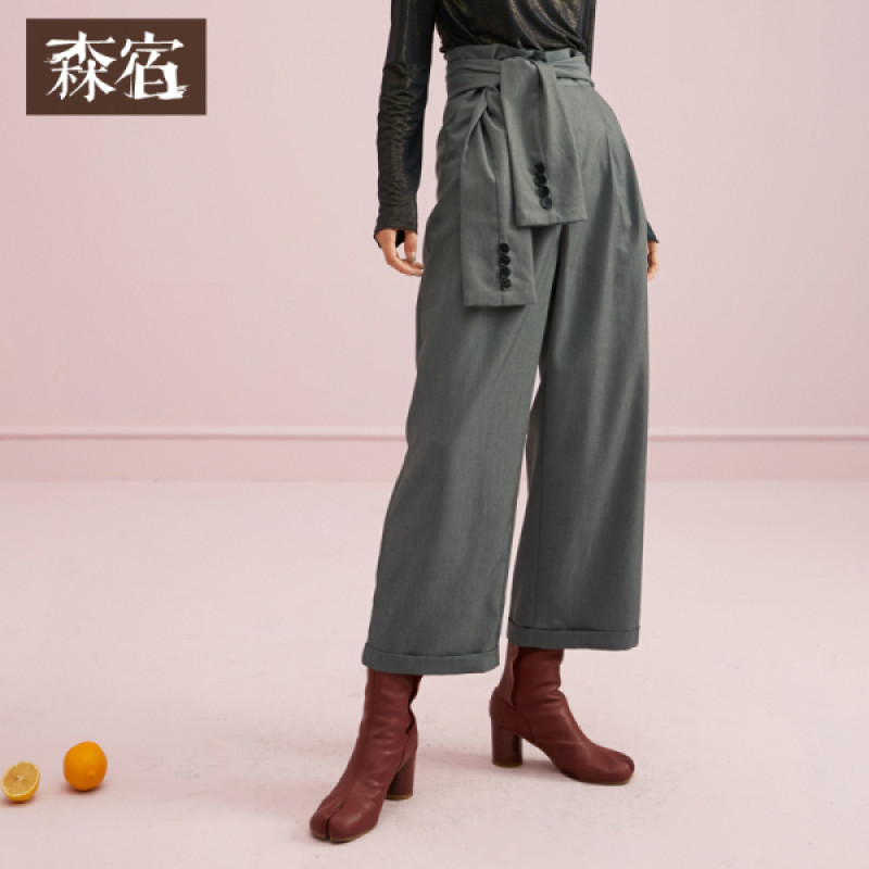 森宿Y烟灰色高腰系带西装直筒裤女秋冬季2018新款宽松显瘦长裤子 烟灰色 XL