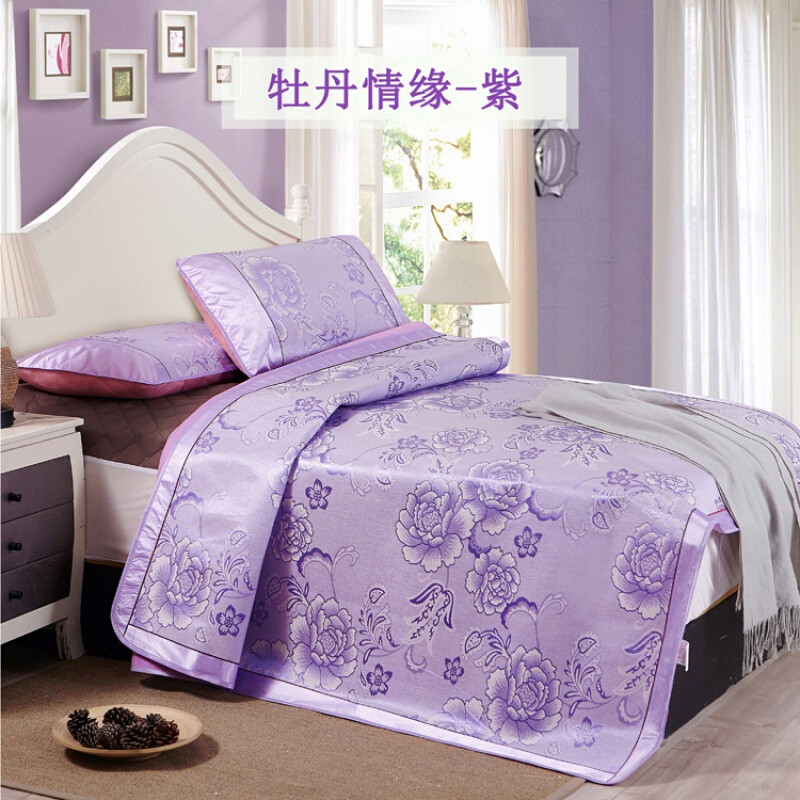 冰丝席三件套1.8m床夏季凉席1.5折叠双人夏天空软席子_1 1.8m(6英尺)床 牡丹情缘-紫