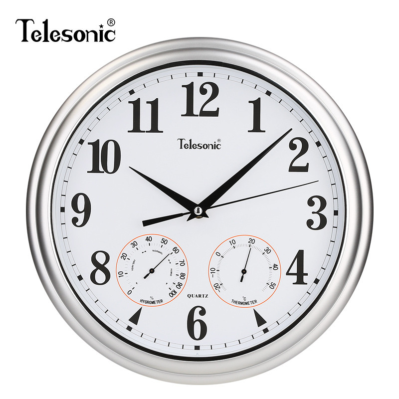 天王星(Telesonic)静音挂钟现代复古钟表 客厅石英钟木纹中式会议室书房时钟 静音扫秒机芯 13英寸 银色