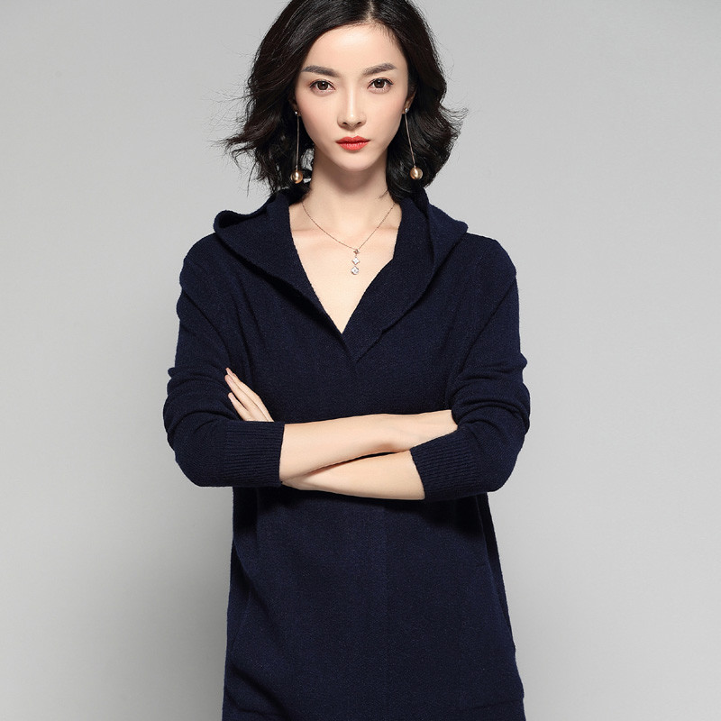秋冬新款韩版长款针织开衫连帽外搭长袖披肩女羊毛衫 藏蓝色 XL