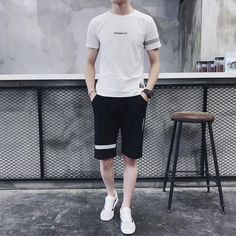 男士运动套装夏季跑步健身运动衣服装宽松休闲短袖T恤短裤两件套_3 M 928白色