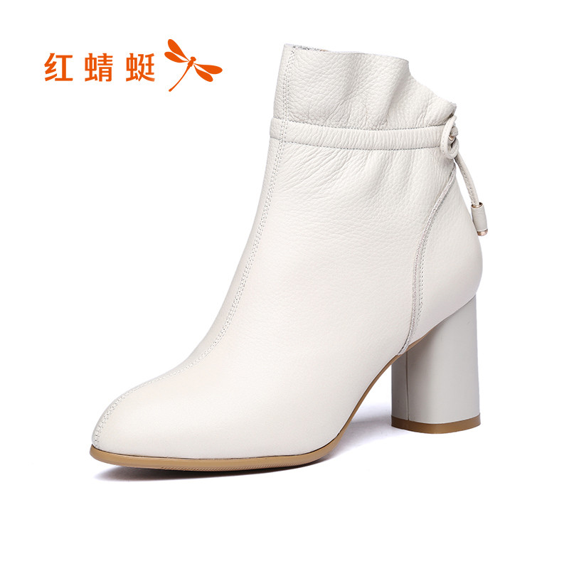 红蜻蜓女鞋2018秋冬新款真皮潮流英伦风短靴女粗跟蝴蝶结女靴单靴 米色 37码