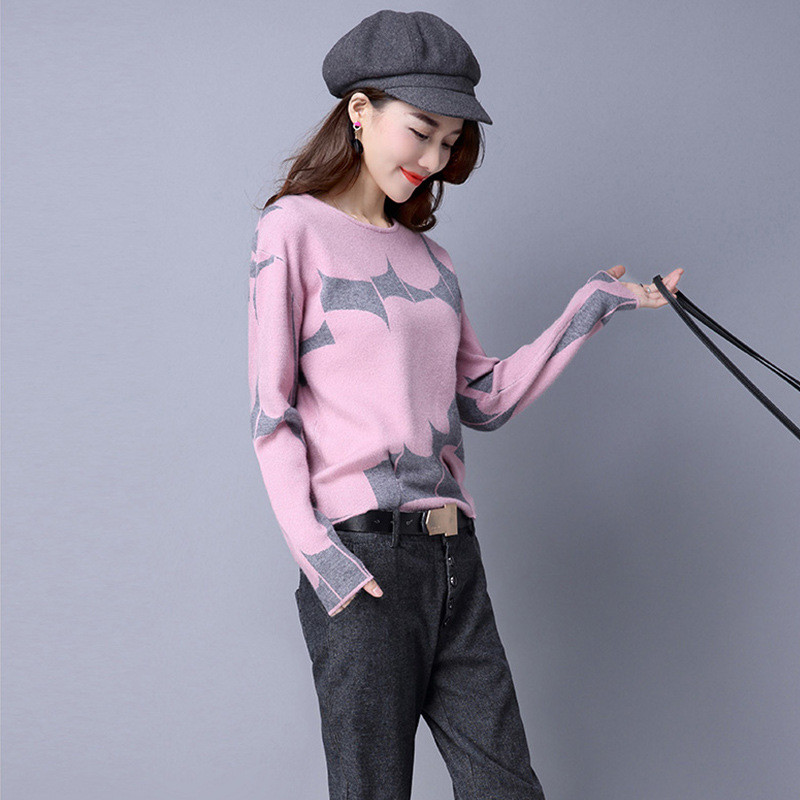 佐露絲RALOS2018秋季新品长袖套头大码毛衣女宽松圆领打底短款冬季显瘦针织衫 粉色 XXXL