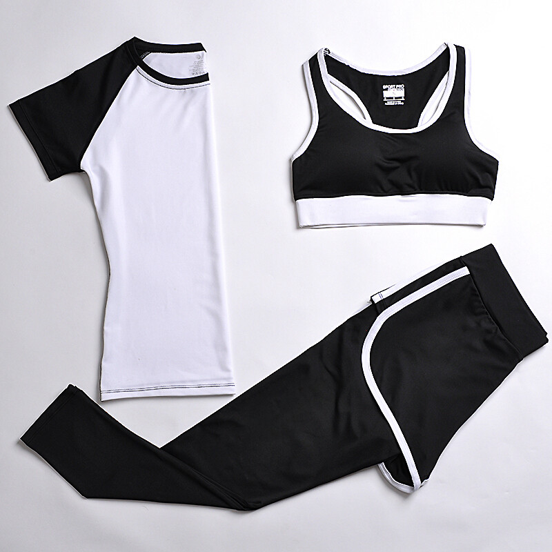 夏季运动套装女瑜伽服运动三件套跑步健身服速干运动短裤背心_1_1 3XL 白T+白边wx+竖白长裤三件套