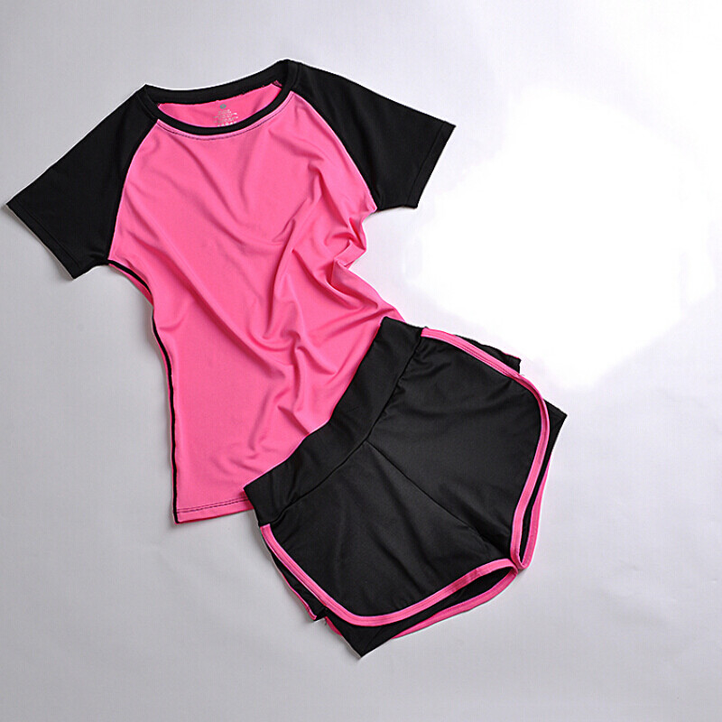 户外夏季运动套装女瑜伽服运动三件套跑步健身服速干运动短裤防震背心_6 XXL 玫T+竖玫短裤两件套