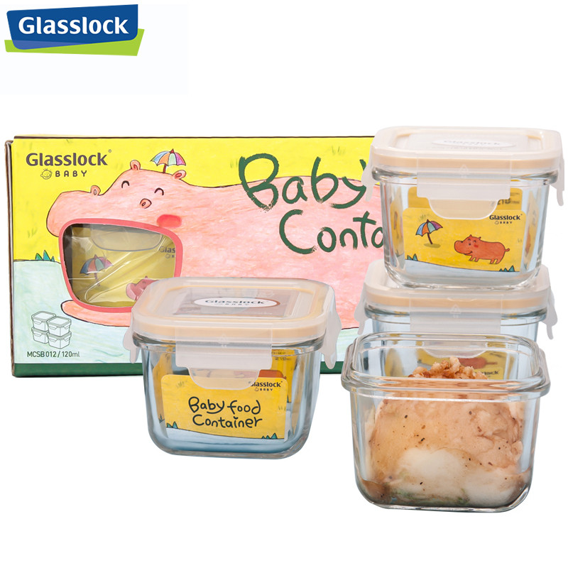 三光云彩(GLASSLOCK)钢化玻璃保鲜盒4件套装韩国进口婴儿辅食盒120ml*4加厚耐摔宝宝碗密封防漏迷你食品储存盒