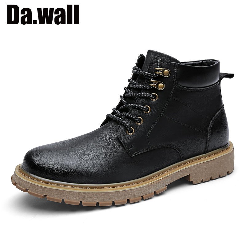 英国品牌Da.Wall马丁靴男2018新品英伦风百搭鞋子中帮男士休闲鞋男冬季加绒保暖靴子高帮工装靴潮短靴 黑色 42码