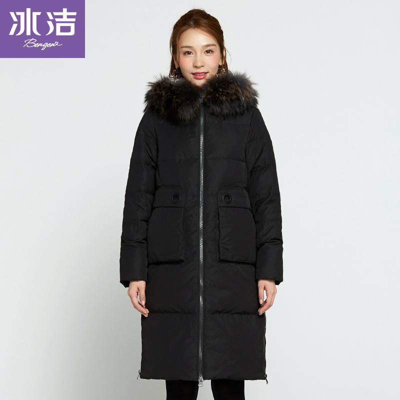 冰洁(BENGEN)女士冬季常规款中长大毛领羽绒服冬季连帽过膝羽绒服女_1 185/XXXL 黑色8056