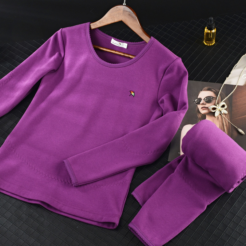 男女款圆领加绒贴片护膝护肘男女士保暖内衣套装 XXXL 63064紫色