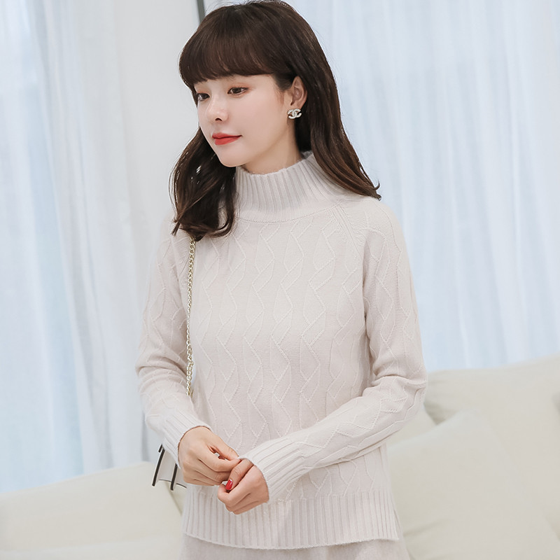 2018秋冬新款修身半高领加厚羊绒衫女菱形纯色RC1807-00260 米白 M