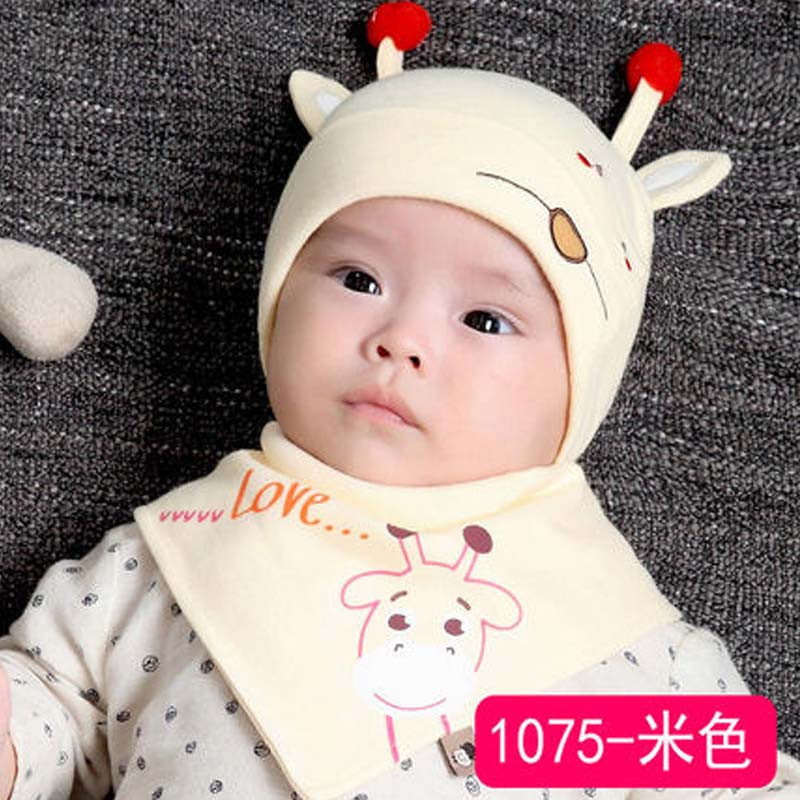 婴儿帽子春秋婴幼儿女宝宝公主0-3-12个月男新生儿秋冬初生胎帽通用简约帽子 帽子+口水巾 1075米色0-12个月(2层)