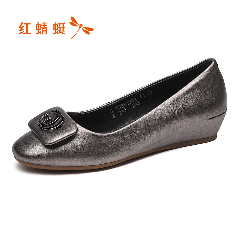 红蜻蜓女鞋2018秋季新款头层牛皮内增高皮鞋女圆头职业工作鞋百搭单鞋 枪色 38码