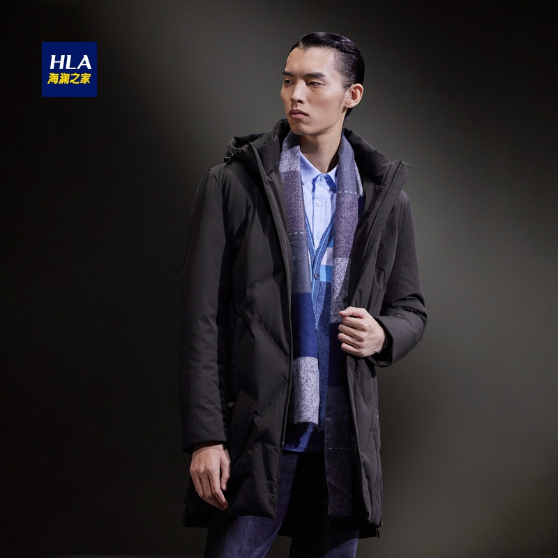 HLA海澜之家连帽中长款羽绒服2018冬季防风保暖羽绒服外套男HWRAJ4E086A 黑色C9 165/84A/S