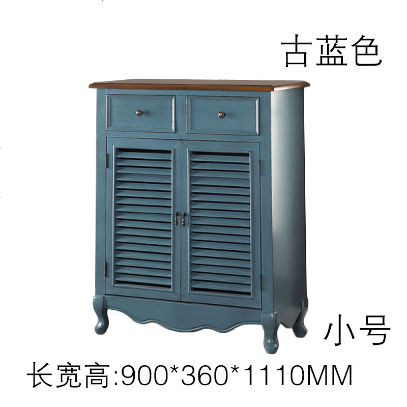 美式乡村复古鞋柜 地中海两百叶窗玄关柜 原创设计欧式蓝家具 整装_古蓝色