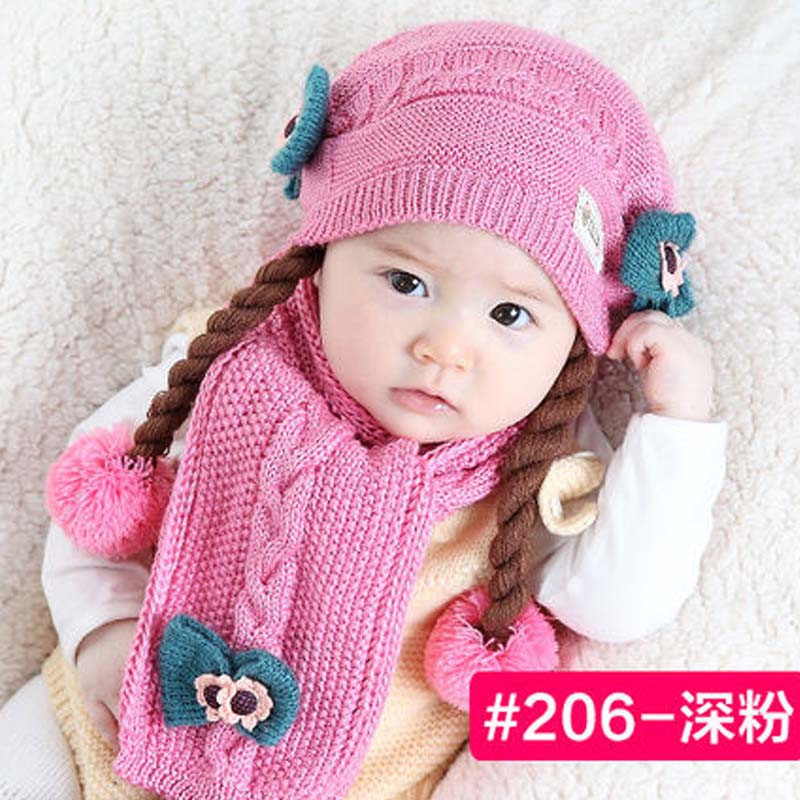 婴儿帽子秋冬0-12个月女童保暖毛线帽1-2岁可爱女宝宝假发帽通用小清新帽子 单帽（没有围巾） 206深粉6-18个月