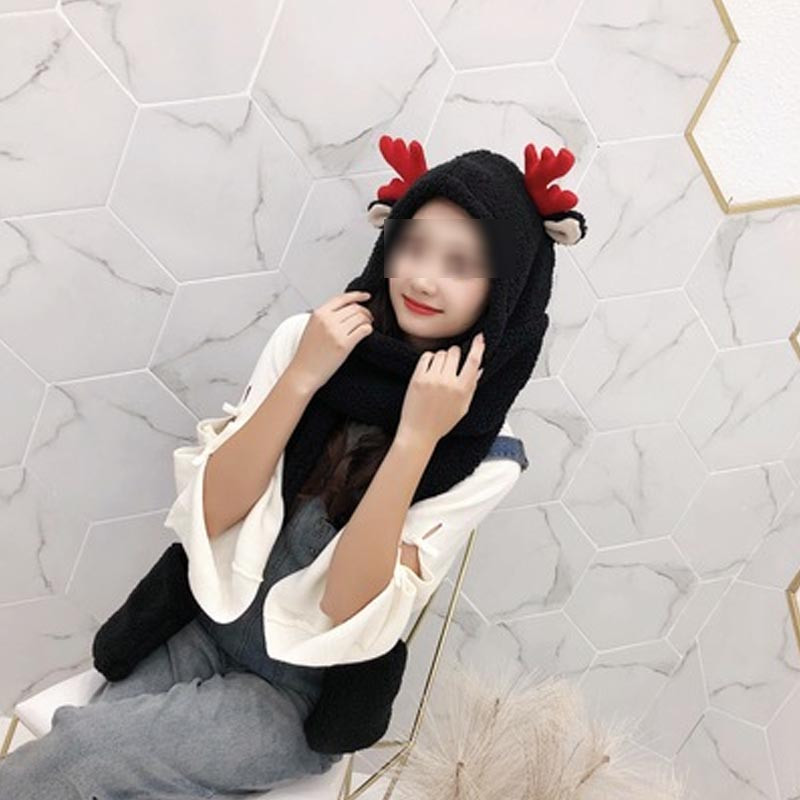 韩版帽子加厚外出双层帽围巾手套一体三件套卡通儿童帽子鹿角亲子帽子婴童配饰帽子 均码（加厚） 成人鹿角-黑色