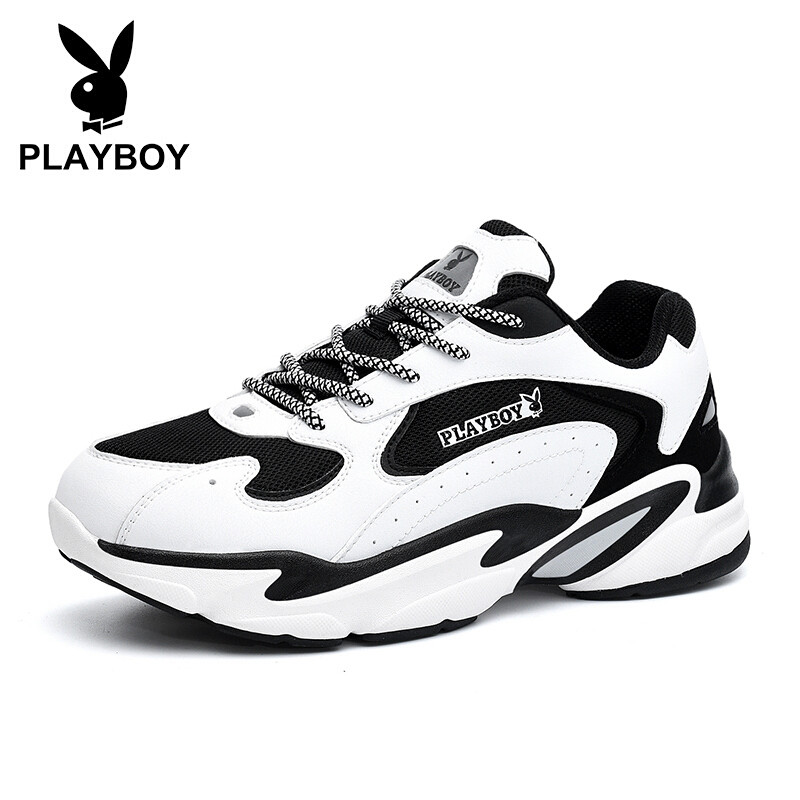 花花公子（PLAYBOY）情侣款运动休闲跑步鞋男低帮增高舒适防滑DS85216 白/黑 36