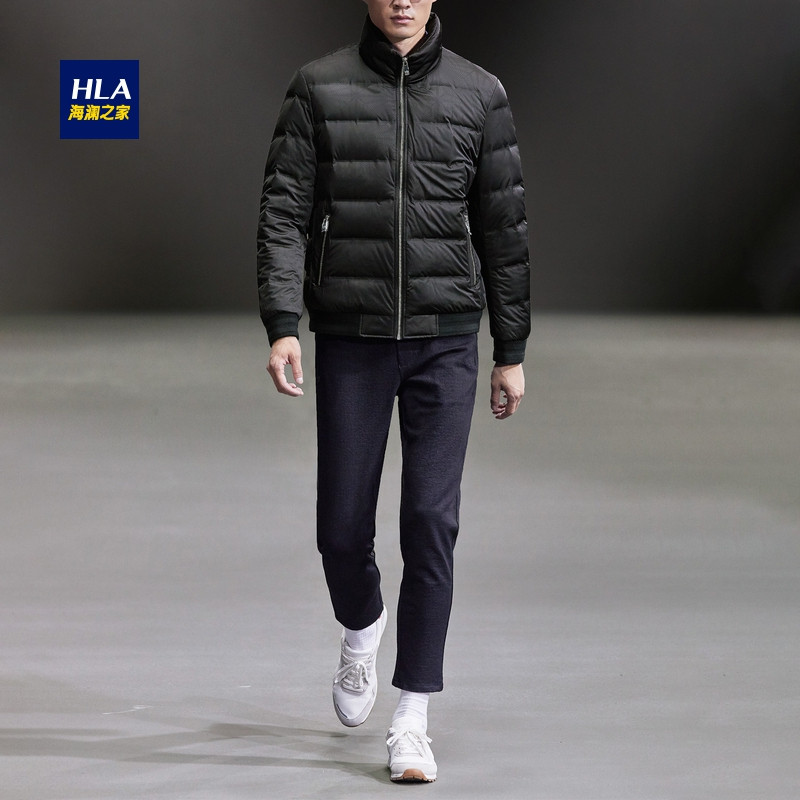 HLA海澜之家时尚花纹羽绒服2018冬季保暖立领羽绒外套男 165/84A/S 黑色花纹81