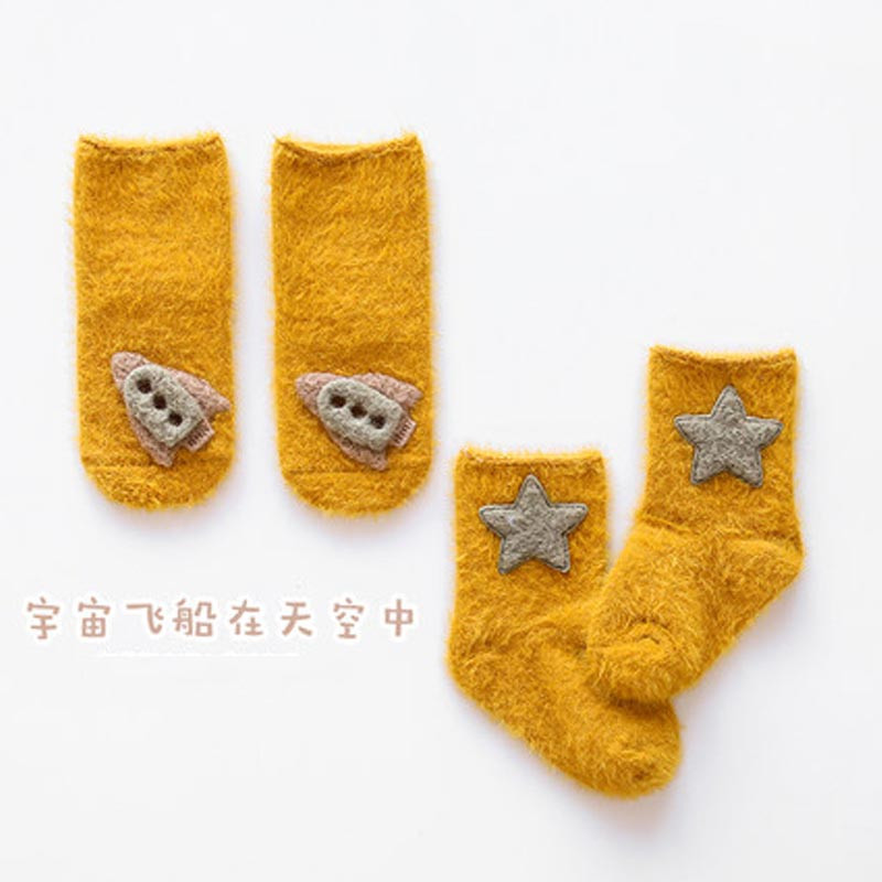 2双装秋冬加绒加厚保暖卡通可爱婴儿袜子宝宝保暖袜子儿童宝宝袜子 童装配饰 婴童袜 M码约12-14cm 星星+飞船（两双装）