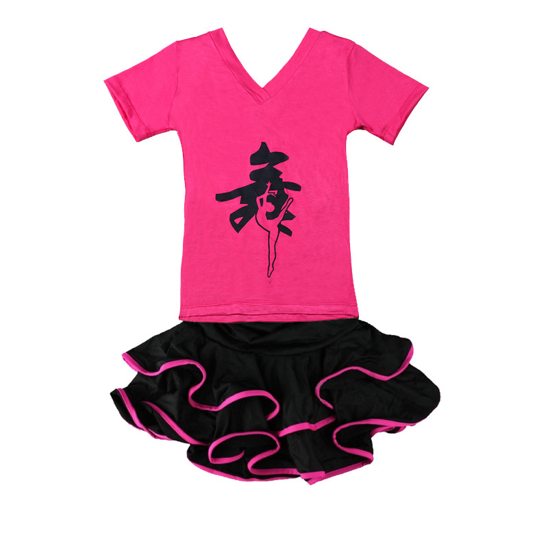 儿童舞蹈服装女童练功服少儿拉丁舞服装幼儿短袖演出服夏季套装_1_8 150cm A3桃红+6078黑裙桃红边