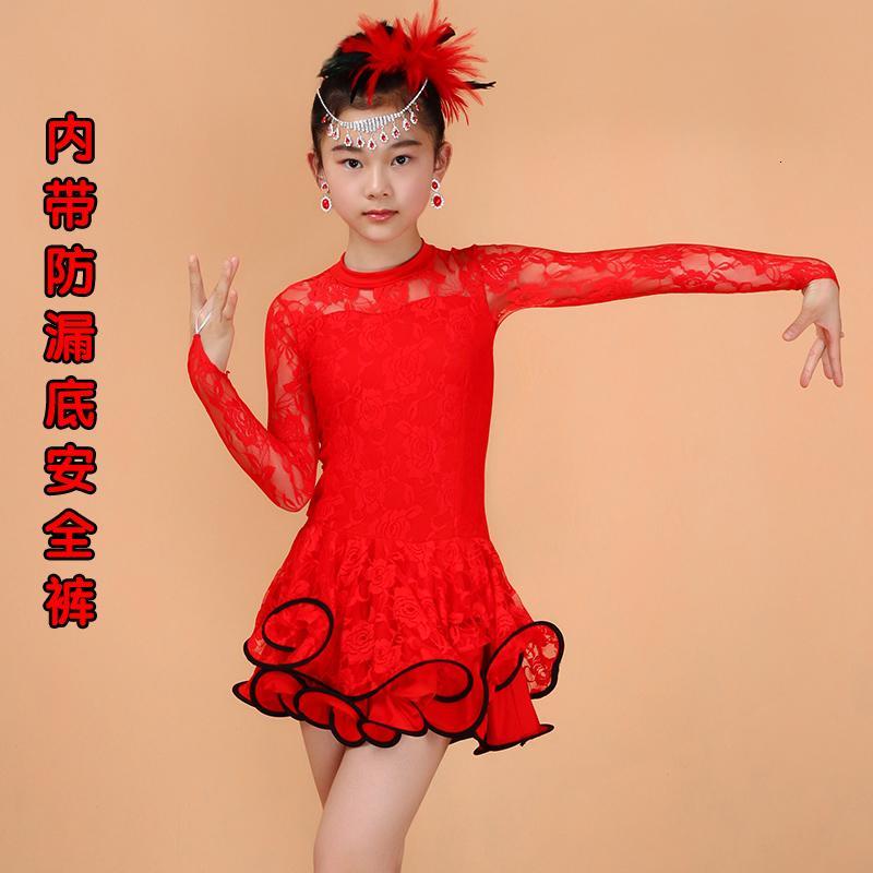 儿童拉丁舞裙少儿蕾丝长袖舞蹈服装演出比赛考级练功连衣规定裙服_6 130码适合身高110-120 D5大红长袖