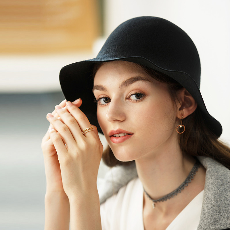 宏达HONDAR 2018秋冬新品 女款极简波浪檐可折叠羊毛毡帽 MZ022 黑色