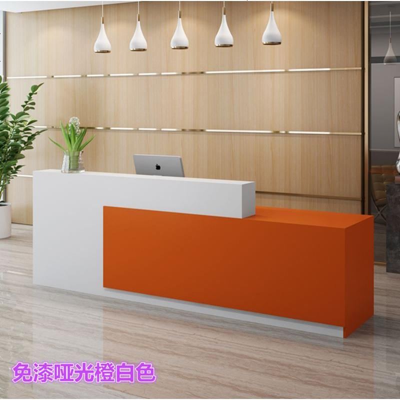 收银台公司前台接待台吧台柜台防大理石纹烤漆前台桌迎宾台咨询台_678_719 橙白亚光免漆__右高标准款_240x60x100cm
