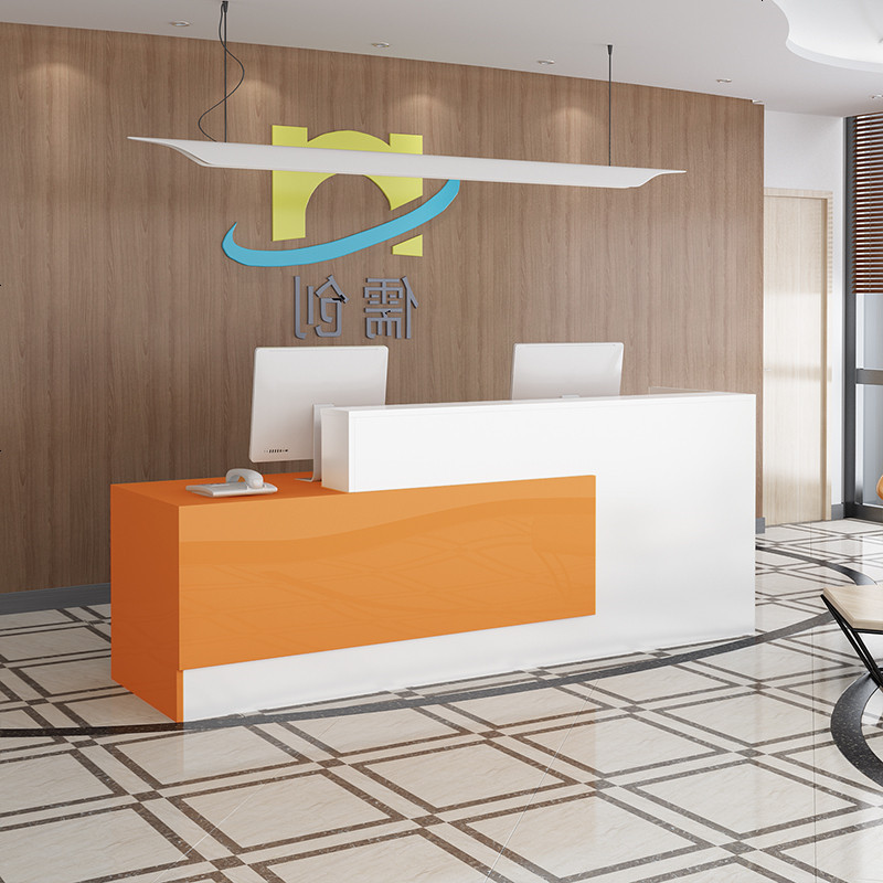 简约前台接待台培训吧台咨询台公司烤漆前台桌定制转角柜台收银台_240_858 白色+橘色左高_人在里左高右低_180x60x100cm
