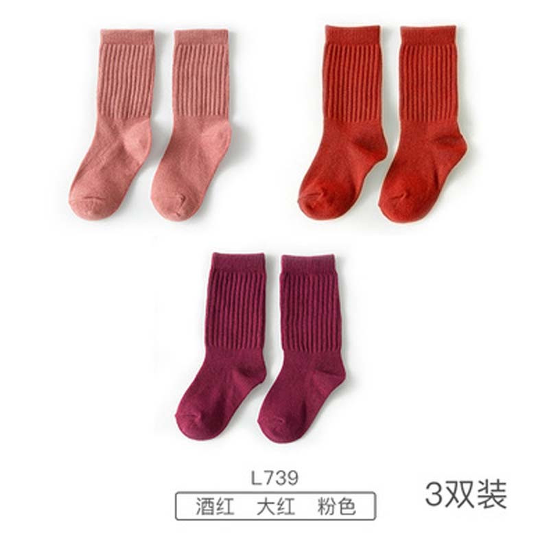 儿童袜子堆堆袜韩版简约小清新春秋冬款男童小孩女童中长筒宝宝袜婴童袜子 4-6（脚长约17-19cm） 739-粉色-大红-酒红