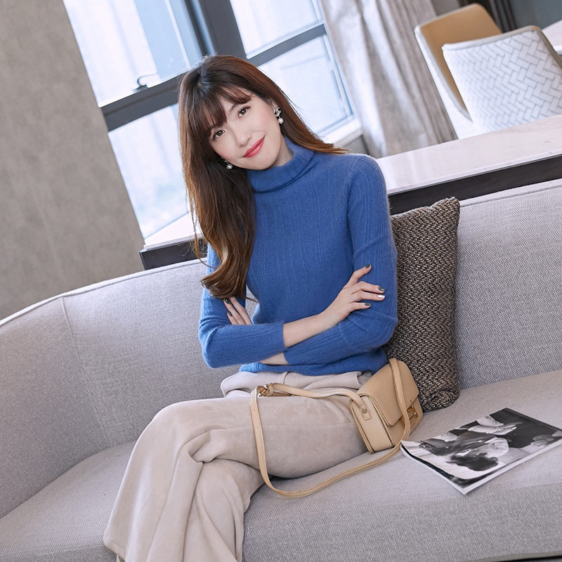 法兰貂18秋冬新款高领羊绒衫女纯色羊绒毛衣MKL-36-00220 蓝色 XL