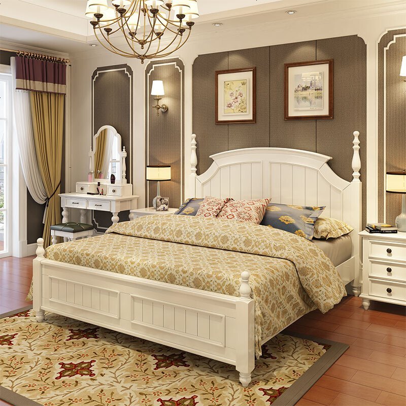 美式全实木床双人床1.5/1.8米韩式床简约现代白色床主卧婚床高箱 1500mm*2000mm_床+床头柜*2个+床垫（送装）