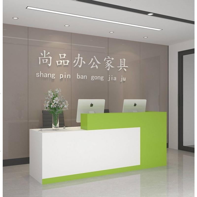 前台接待台简约现代时尚超市收银台迎宾吧台桌大气烤漆转角柜台桌_33_229 哑光绿配白右高_160x60x100cm